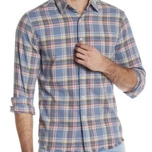 FRAME Blue Plaid Button Down Shirt Frayed Hem S1